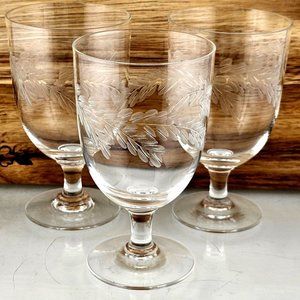 3 Blown Glass Etched Laurel Garland Water Ice Tea Glasses 5" gray cut barware